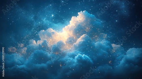 Night sky, glowing clouds, stars.