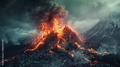 A volcano erupts with lava and smoke.