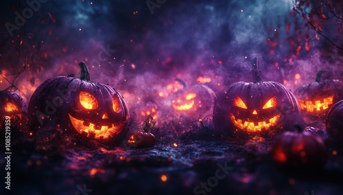 Spooky Jack-o'-Lanterns in a Foggy Forest