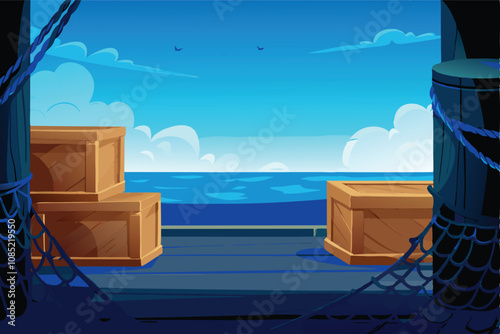 A picturesque dockside scene showcasing weathered wooden crates stacked near fishing nets, with a tranquil waterfront setting.