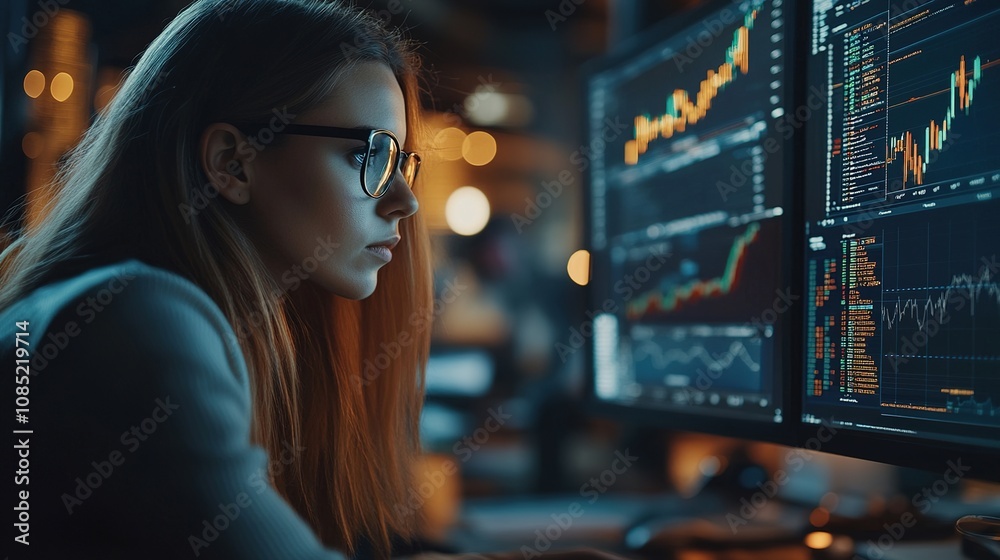 Focused Female Analyst Analyzing Financial Data on Multiple Screens with Colorful Graphs and Charts in a Modern Office Environment Focused Female Analyst Analyzing Financial Data on Multiple Screens with Colorful Graphs and Charts in a Modern Office Environment