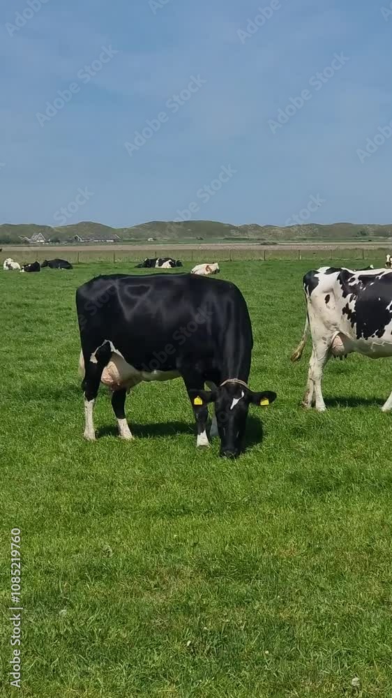 Peaceful afternoon unfolds as contented cows graze on vibrant green grass, enjoying the warm sun and gentle breeze. The picturesque landscape showcases a beautiful countryside scene. Texel Netherlands Peaceful afternoon unfolds as contented cows graze on vibrant green grass, enjoying the warm sun and gentle breeze. The picturesque landscape showcases a beautiful countryside scene. Texel Netherlands
