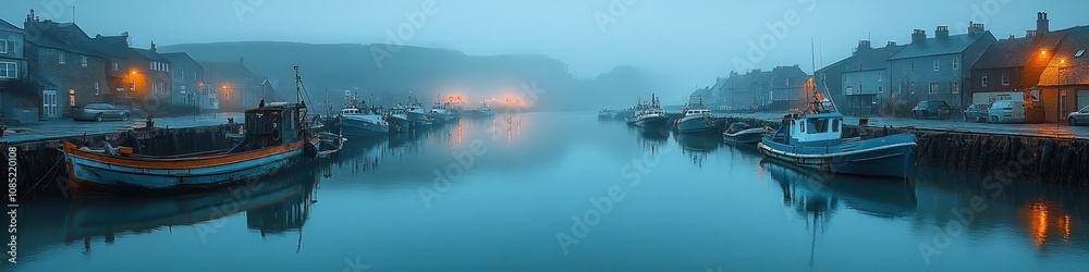 Misty morning over a harbor with boats docked along the pier. Misty morning over a harbor with boats docked along the pier.