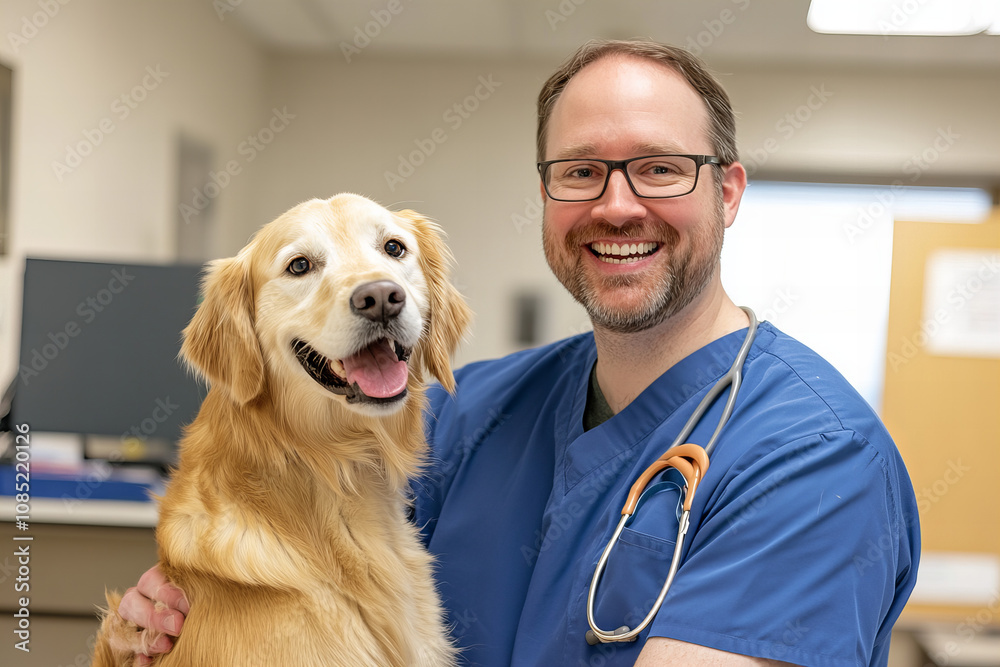 Smiling Veterinarian with Golden Retriever in Clinic Setting Highlighting Professional Pet Care and Happy Animal Bonding