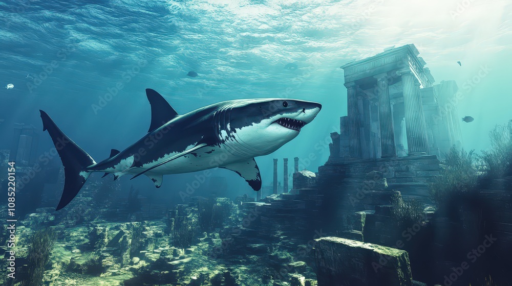 Fototapeta premium Majestic Shark Swimming Amidst Ancient Ruined City Underwater