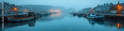 Misty morning over a harbor with boats docked along the pier.