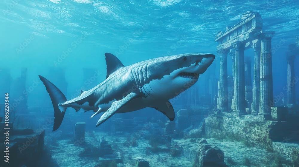 Fototapeta premium Majestic Shark Swimming Amidst Ancient Ruined City Underwater