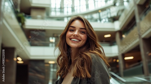 Free Download Smiling Young Woman in a Modern Building Atrium with Natural Light and Contemporary Architecture Background - GFXLoad