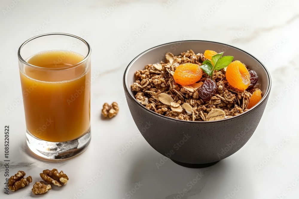 Granola, apricots, juice, walnuts; healthy breakfast. Granola, apricots, juice, walnuts; healthy breakfast.