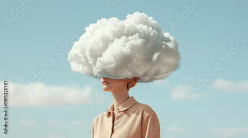 Imagination and fantasy of fluffy cloud cover on woman head in blue sky fashion