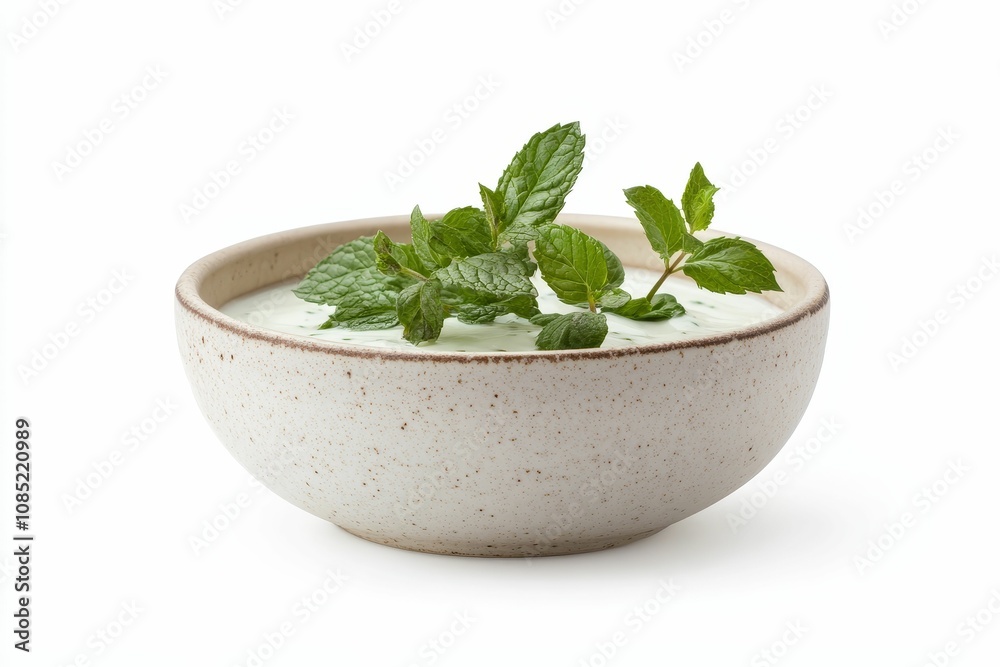 Mint-garnished yogurt in a speckled bowl. Mint-garnished yogurt in a speckled bowl.