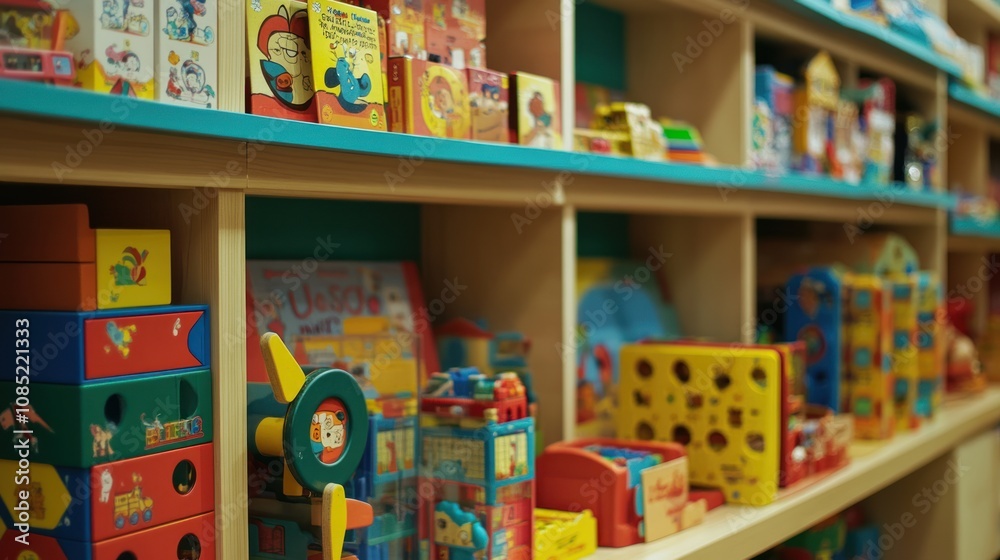 Colorful Wooden Toys and Books on Shelves in a Children's Store Colorful Wooden Toys and Books on Shelves in a Children's Store