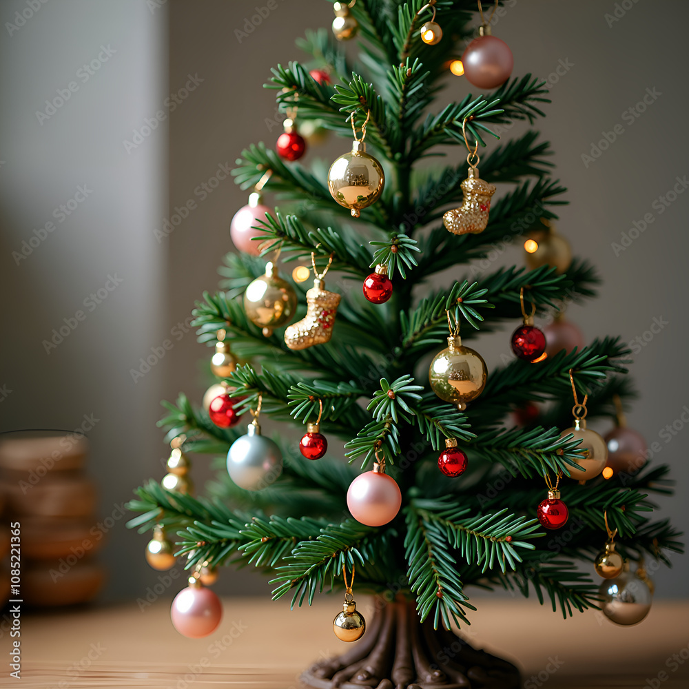 Charming holiday tree adorned with shimmering ornaments and twinkling lights, photography of still life concept. Charming holiday tree adorned with shimmering ornaments and twinkling lights, photography of still life concept.