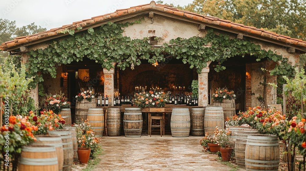 Obraz premium Rustic winery setting with wine barrels and floral arrangements.
