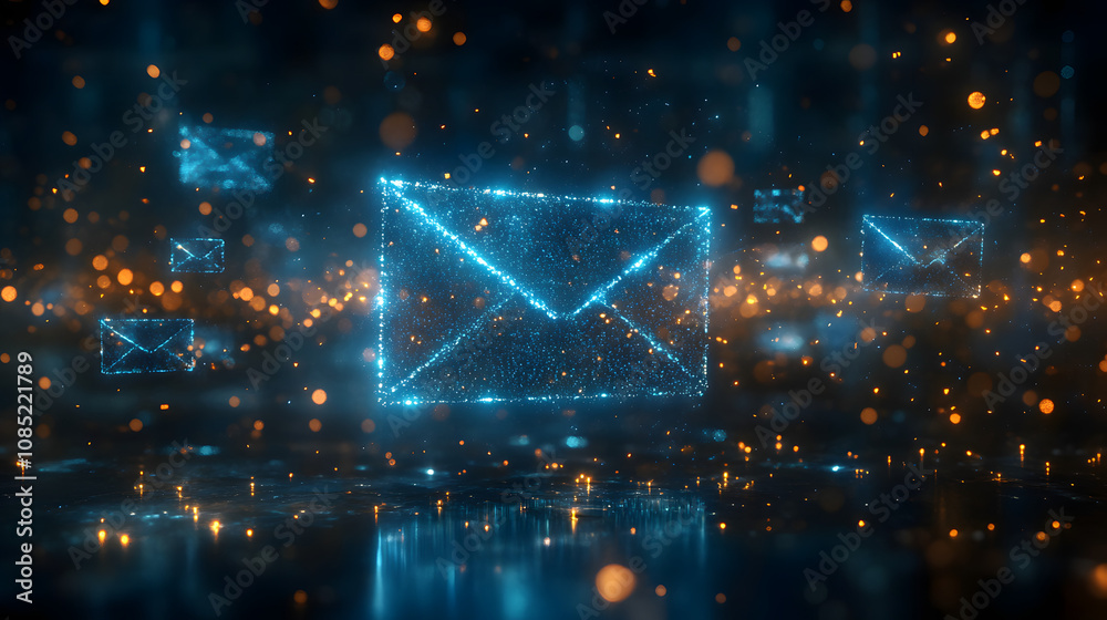 A blue digital mail icon floating in the center of an abstract background with glowing particles and futuristic elements.
A blue digital mail icon floating in the center of an abstract background with glowing particles and futuristic elements.