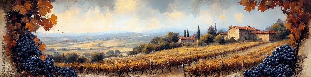 Fototapeta premium A picturesque landscape with a vineyard in the foreground, a farmhouse nestled among the trees, and rolling hills in the distance.