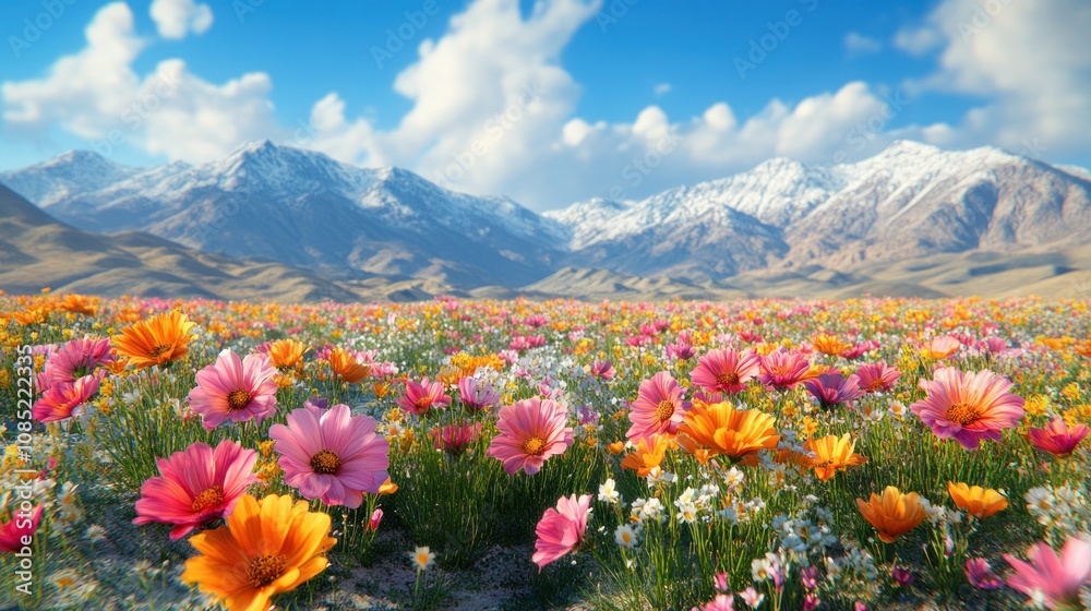 Obraz premium Vibrant wildflowers bloom in a mountain valley.