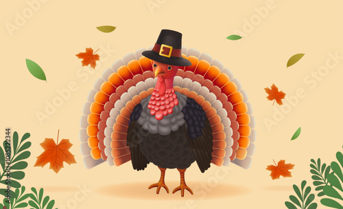 Thanksgiving day banner. Holiday background with realistic 3d turkey and orange pumpkin in pilgrim hat,header for website Modern banner for design. Vector illustration.