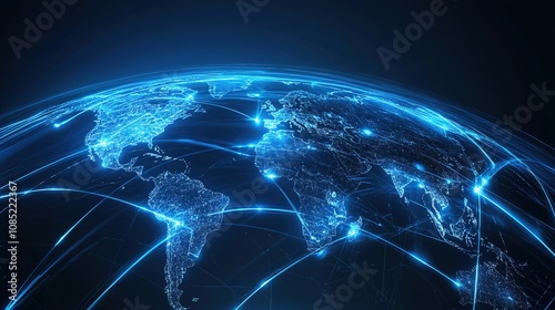 Stunning Global Network Connectivity Visualization with Illuminated Continents and Dynamic Light Paths Representing Data Flow Across the World