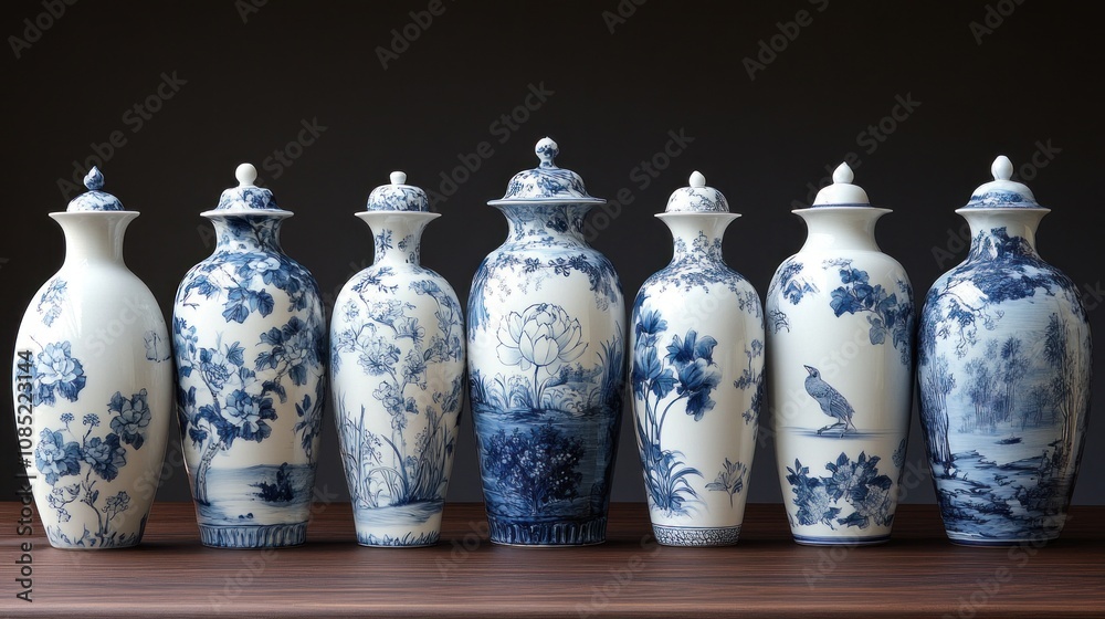 Blue and white porcelain vases with lids, arranged on a wooden surface. Blue and white porcelain vases with lids, arranged on a wooden surface.
