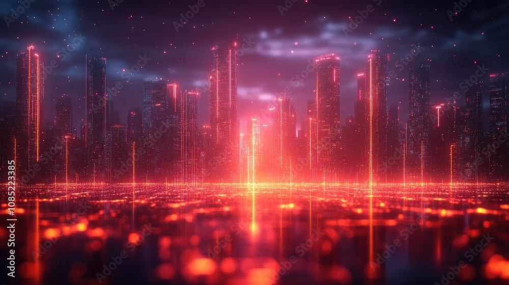 Futuristic cityscape at night with glowing red lights. Futuristic cityscape at night with glowing red lights.