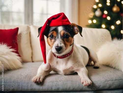 Jack Russell Terrier in a Christmas hat