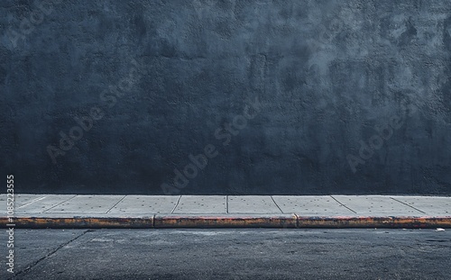 Frontal view of a black brick wall at night. In the foreground is a sidewalk illuminated by a cone of light.
