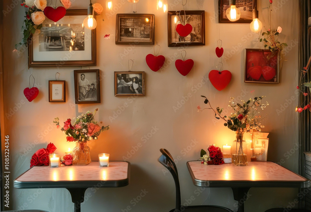 A cozy cafe decorated for Valentine's Day, candles and flowers on the tables. Romantic mood A cozy cafe decorated for Valentine's Day, candles and flowers on the tables. Romantic mood