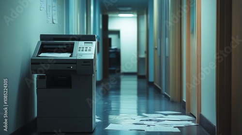 Office Copy Machine In A Hallway With Scattered Papers