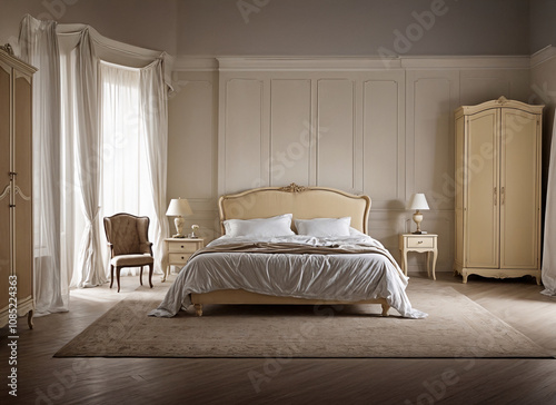 camera da letto con armadi e letto, poltroncina e finestra