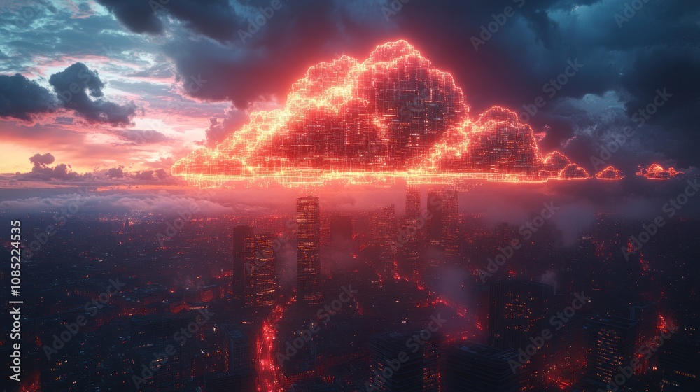 Obraz premium Glowing red cloud over futuristic city at sunset.
