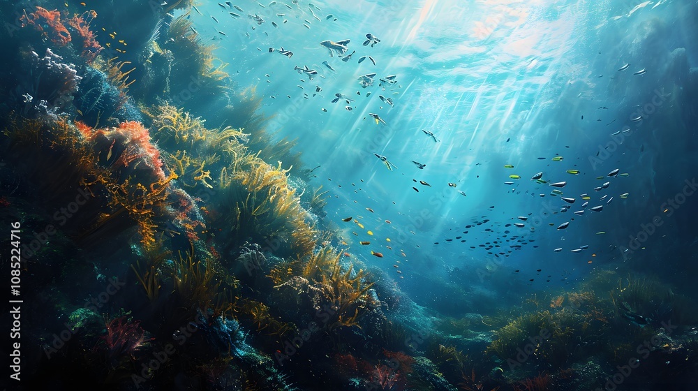 Fototapeta premium Dynamic Coral Reef Ecosystem with Colorful Marine Life in Crystal Clear Ocean