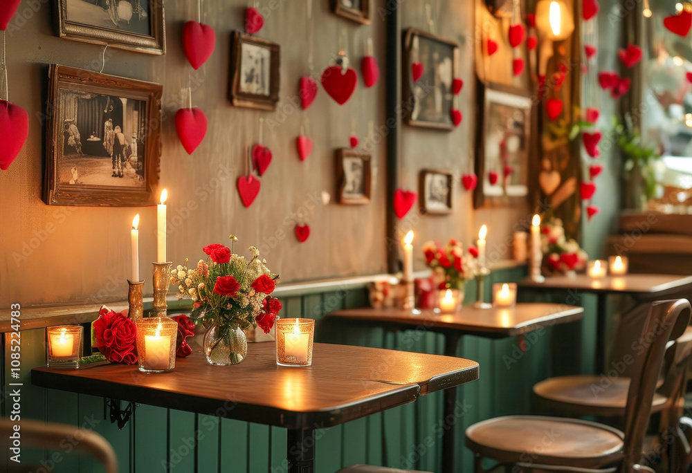 A cozy cafe decorated for Valentine's Day, candles and flowers on the tables. Romantic mood A cozy cafe decorated for Valentine's Day, candles and flowers on the tables. Romantic mood