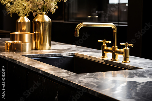 Luxurious Kitchen Design with Gold Faucet and Elegant Marble Countertop for a Sophisticated Look