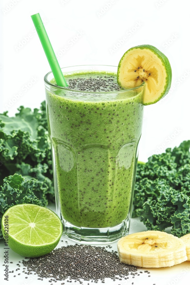 Fototapeta premium Green smoothie, kale, banana, lime, chia seeds.