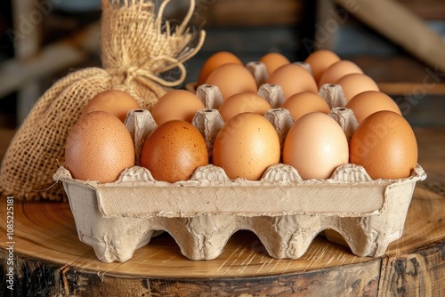 A carton of fresh brown eggs sits on a wooden surface, beside a burlap sack. photo