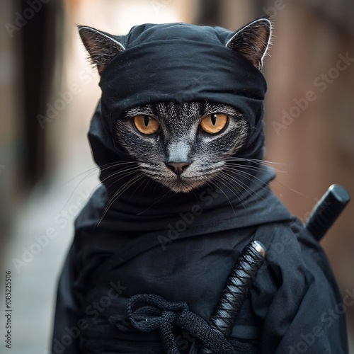 Covert Black Cat Dressed as Mysterious Ninja Warrior in Tactical Outfit