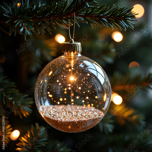Captivating close up of a glittering christmas ornament hanging on a tree branch with soft bokeh lights, photography of still life concept.