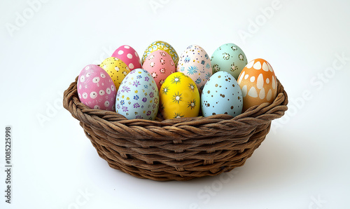 Colorful Easter Eggs in a Woven Basket