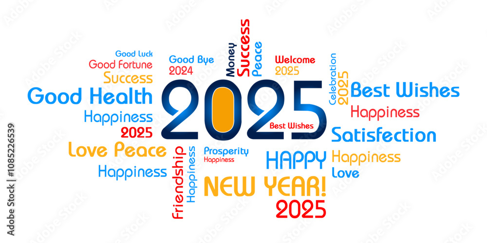 Fototapeta premium Best wishes 2025 Happy New Year typography on white background. New year Eve 2025 celebration background