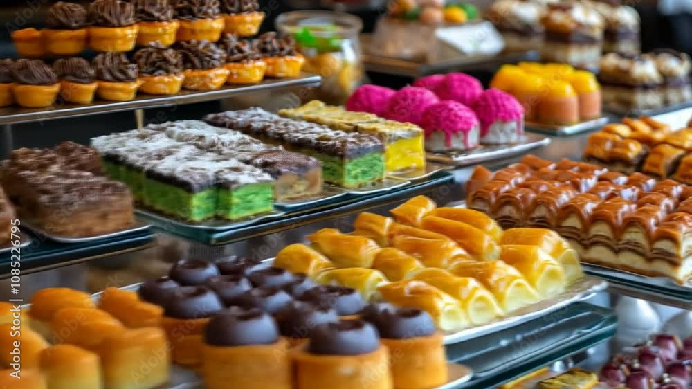 A colorful display of halal desserts in a cafe, with traditional sweets like baklava and kunafa arranged in a vibrant showcase A colorful display of halal desserts in a cafe, with traditional sweets like baklava and kunafa arranged in a vibrant showcase