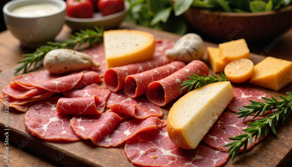Assorted charcuterie board with cheese, salami, and fresh herbs Assorted charcuterie board with cheese, salami, and fresh herbs