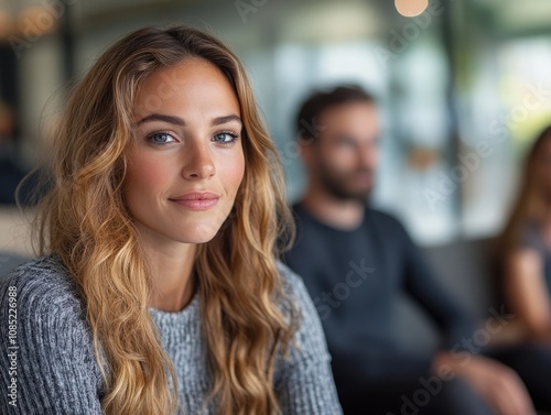 Wallpaper Mural A woman with long hair sits in a modern setting, exuding confidence and warmth, surrounded by other individuals. Torontodigital.ca