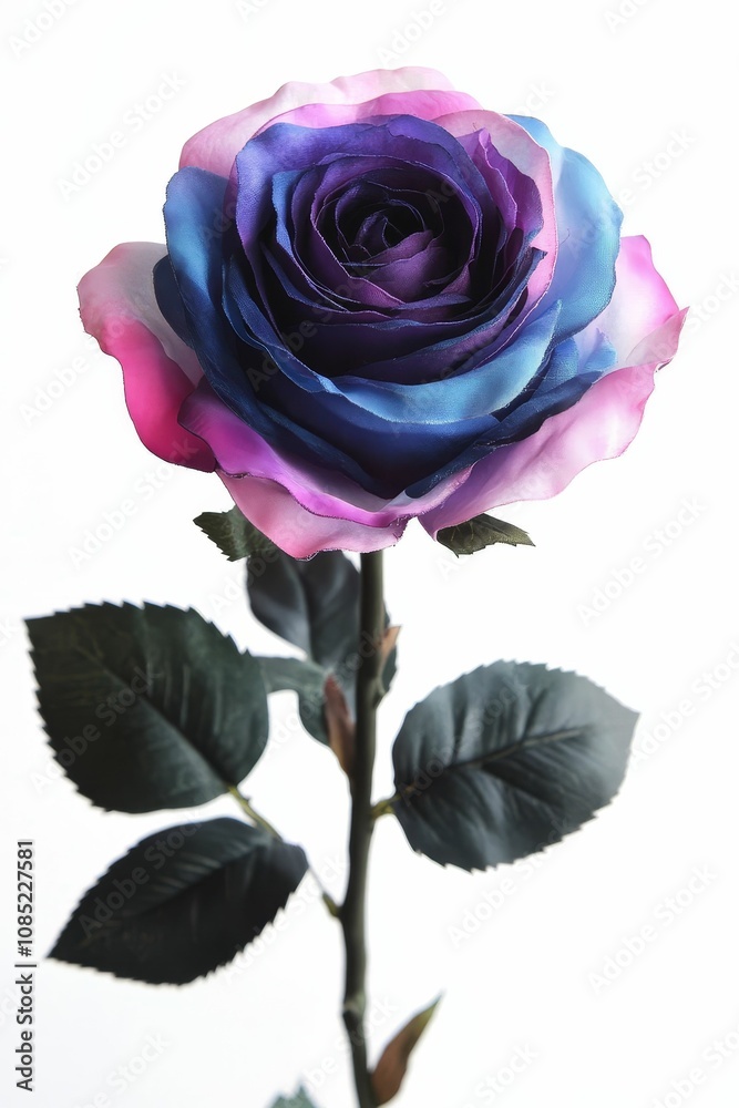 Obraz premium Single colorful rose with green leaves.