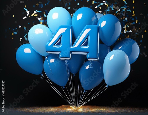 Blue birthday / anniversary balloon, number 44, black background with confetti photo