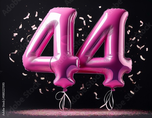 Pink birthday / anniversary balloon, number 44, black background with confetti photo