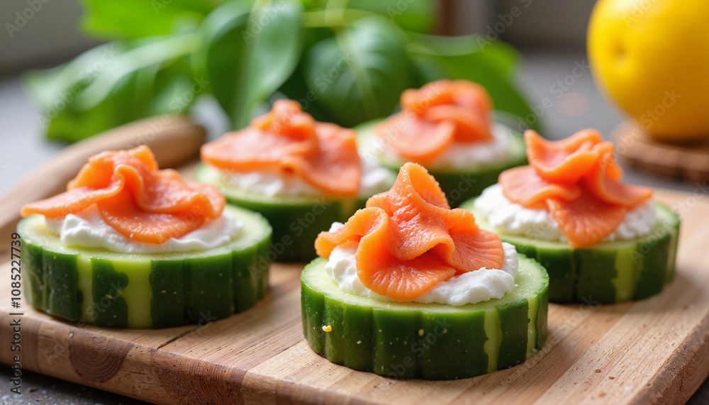 Cucumber slices with smoked salmon and cream cheese garnish Cucumber slices with smoked salmon and cream cheese garnish