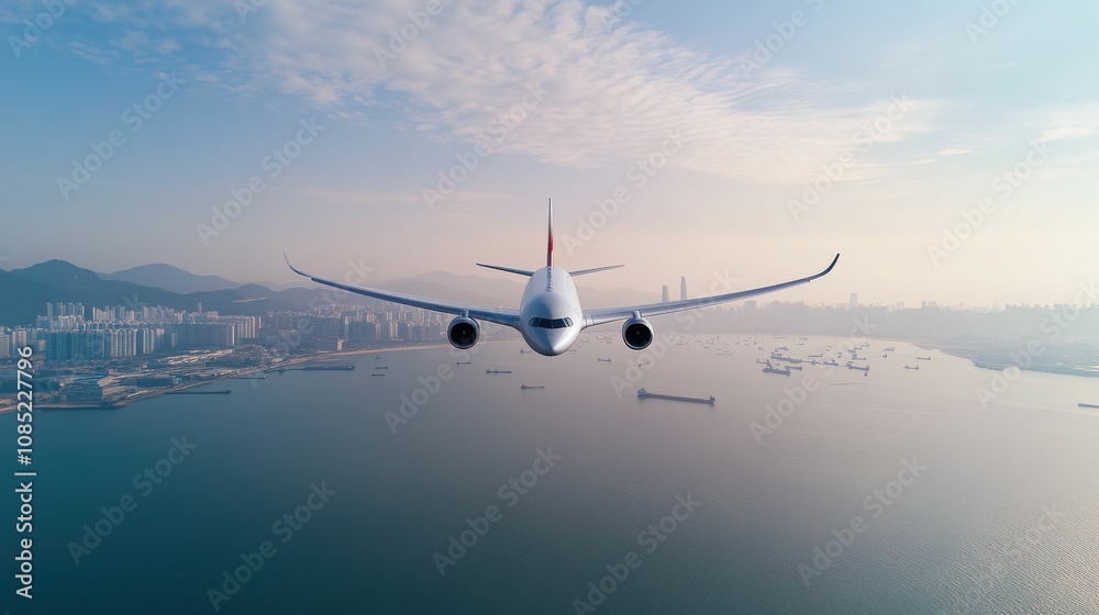 Naklejka premium A large white airplane is flying over a city and a body of water