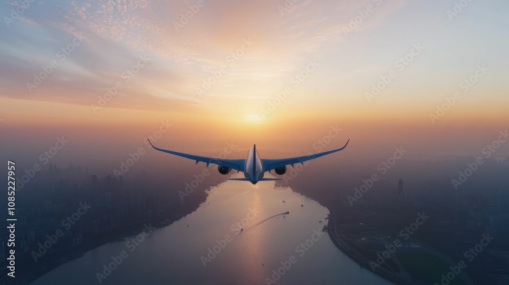 A large jet is flying over a city and a body of water A large jet is flying over a city and a body of water