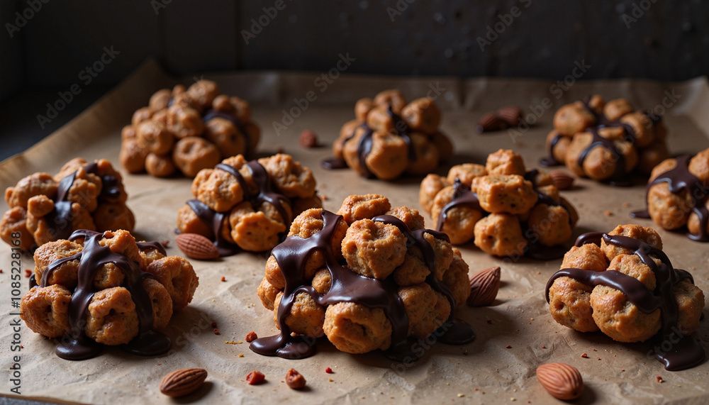 Crunchy almond clusters drizzled with dark chocolate on parchment Crunchy almond clusters drizzled with dark chocolate on parchment